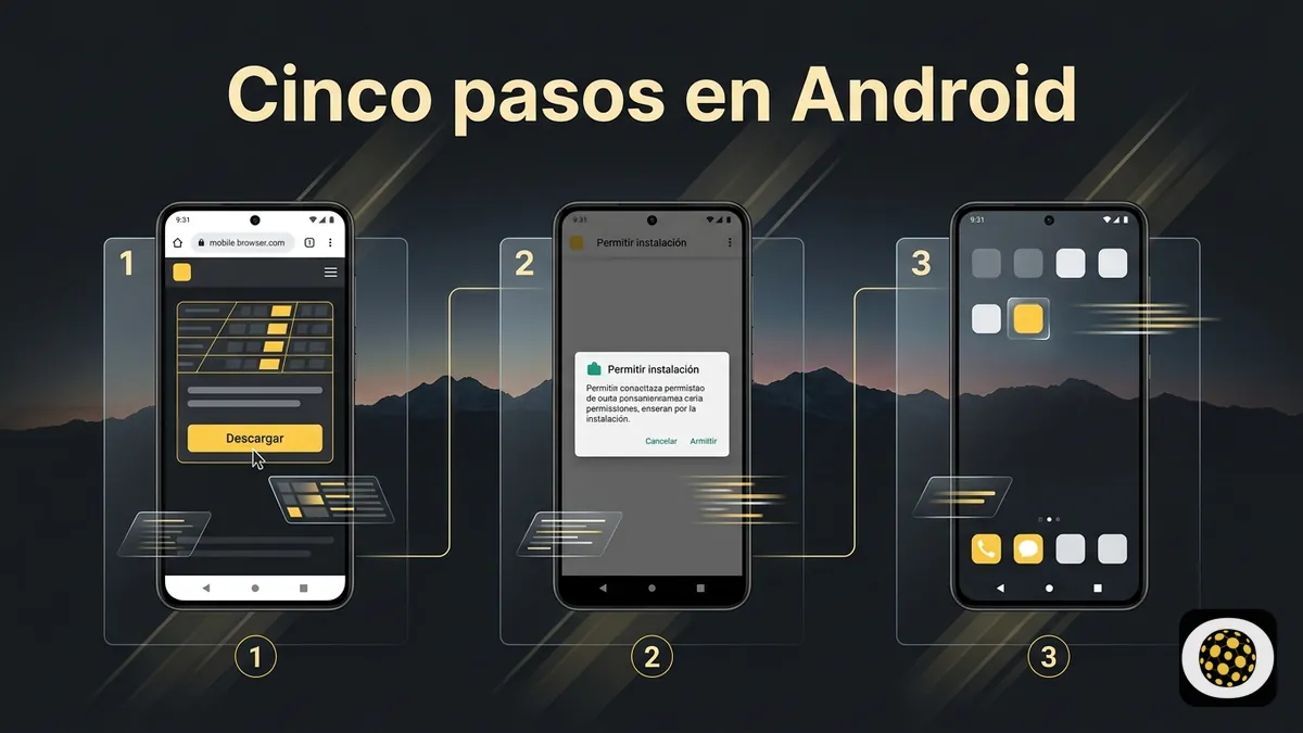 Secuencia de pantallas de celular mostrando los pasos para instalar el APK en Android, Betobet Chile