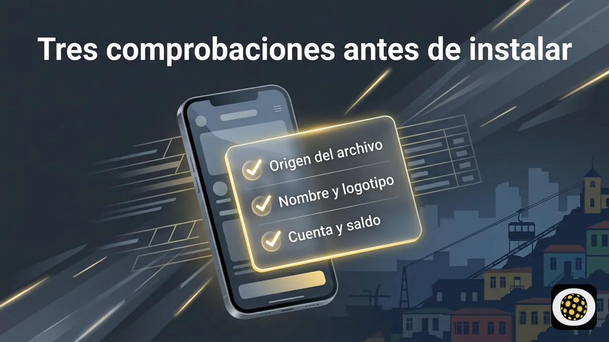 Panel de verificacion con tres comprobaciones antes de instalar un APK, silueta de Valparaiso, Betobet Chile